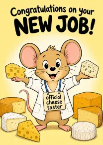 Smiling mouse in lab coat holds cheese pieces beneath congratulations on your new job text.