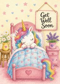 Cute watercolor unicorn in bed with get well soon message