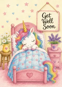 Get Well Soon Unicorn Sleeping in a Pink Heart Bedroom