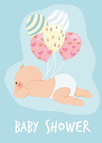 Sleeping baby under pastel heart balloons with baby shower text.