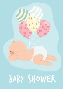 Sleeping baby under pastel heart balloons with baby shower text.
