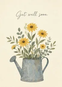Get Well Soon Watering Can with Yellow Wildflowers Illustration Card