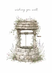 Watercolor wishing well surrounded by flowers with the words wishing you well above it gently.