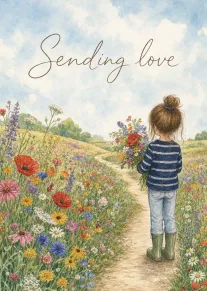 A girl carries flowers through a wildflower meadow beneath the words Sending love in watercolor.