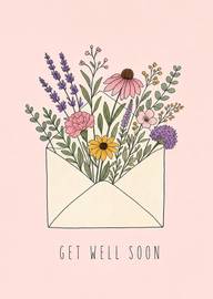 Get Well Soon Card with Envelope of Colorful Flowers on Pink