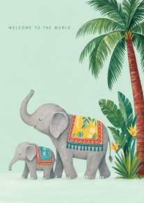 Mother and baby elephants in tropical greenery with Welcome to the World text on mint.
