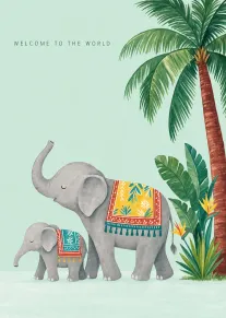 Mother and baby elephants in tropical greenery with Welcome to the World text on mint.