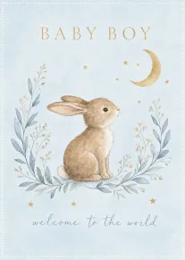 A soft watercolor rabbit sits beneath a crescent moon with stars and baby boy greeting.