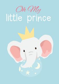 Cute elephant prince with crown on pale blue background and moon and stars bib design.