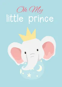 Cute elephant prince with crown on pale blue background and moon and stars bib design.