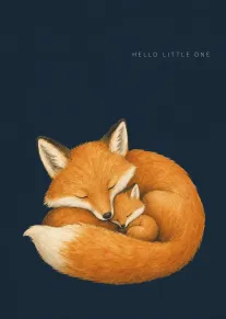 Sleeping fox mother cuddles her baby on a dark blue background with Hello Little One.