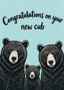 Three black bears on a blue background with text congratulations on your new cub card.