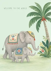 Watercolor mother and baby elephants beneath a palm tree with welcome to the world text.