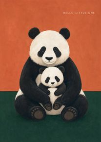 A parent panda cuddles a baby panda beneath hello little one on an orange background.