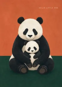 A parent panda cuddles a baby panda beneath hello little one on an orange background.