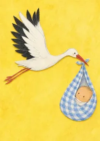 White stork carries a smiling baby in a blue check bundle on a yellow background.