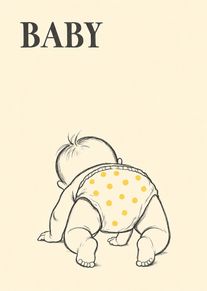 A crawling baby in a yellow spotted diaper with the word BABY above on cream.
