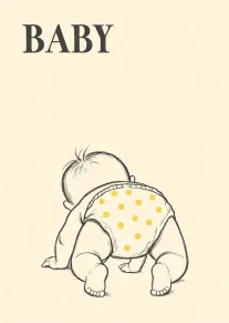 A crawling baby in a yellow spotted diaper with the word BABY above on cream.