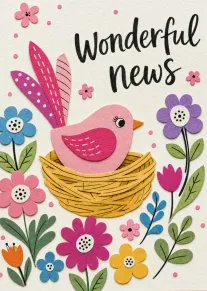 Paper bird in a nest surrounded by flowers with the words Wonderful news in script.