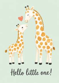 Watercolor giraffe family with heart and Hello little one message