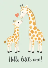 Two watercolor giraffes share a heart above the words Hello little one on mint background.