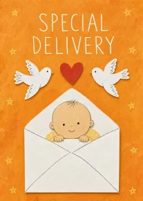A baby peeks from an envelope beneath special delivery text, doves, and a red heart.