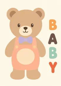 Cute teddy bear in pink overalls beside BABY lettering for a sweet new baby card.