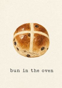 Watercolor hot cross bun illustration with bun in the oven text on textured cream paper.