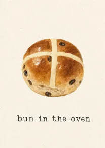 Watercolor hot cross bun illustration with bun in the oven text on textured cream paper.