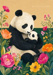 Panda mother cuddles baby panda surrounded by bright flowers with Hello Little One text above.
