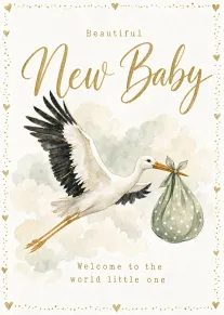 Watercolour stork carries a bundle through clouds with gold lettering and hearts for a newborn.
