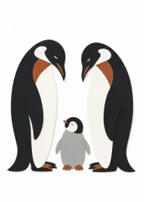 Two adult penguins stand beside a fluffy chick on a plain white background, centered together.