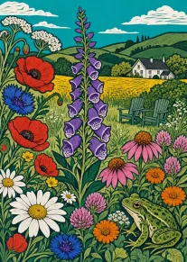 Colourful meadow flowers, frog and cottage in a bright painted countryside landscape with clouds overhead.