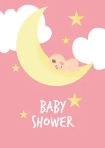 Sleeping baby rests on a crescent moon among stars on a pink baby shower card.