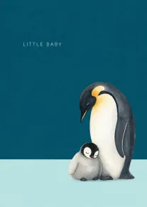 Watercolour penguin parent and chick with Little Baby text on teal background.