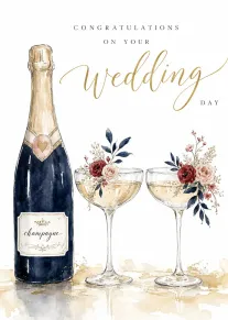 Watercolour champagne bottle and floral flutes with wedding day congratulations text on white background above.