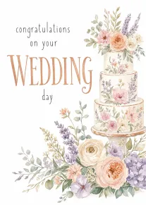 Watercolor wedding card with floral tiered cake and congratulations on your wedding day message visible.
