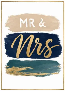 Brushstroke card with Mr and Mrs in gold over navy and teal painted bands design.