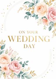 Elegant floral wedding day card with gold text soft pastel colors