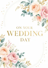 Watercolour roses and leaves frame gold text reading On Your Wedding Day on white background.