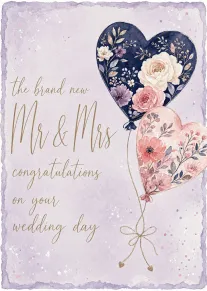 Brand New Mr and Mrs Floral Heart Balloon Wedding Card