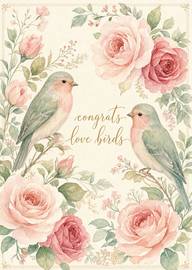 Watercolor love birds with pink roses congratulations card