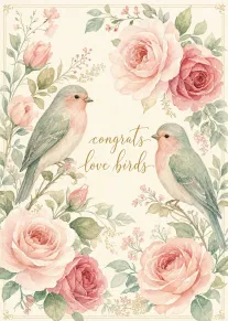 Watercolor love birds and roses with congrats text card