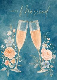 Just Married Wedding Card with Champagne and Floral Decoration