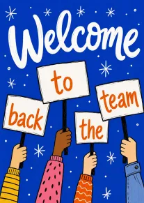 Welcome back to the team card with raised signs on blue background and orange lettering.