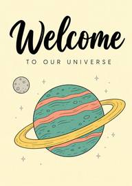 Welcome card with colorful planet rings stars universe