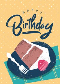 Happy Birthday cake slice on plate with fork and confetti