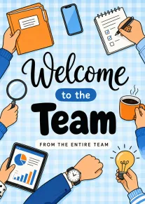 Office-themed welcome card with team supplies, charts, coffee, and the text Welcome to the Team.