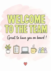 Watercolor welcome card with bold text, plants, laptop, mug, and team icons on pink background.
