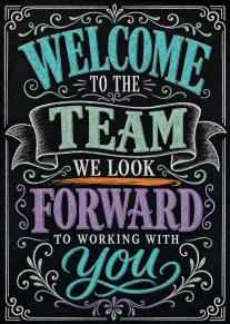Colorful chalkboard card saying welcome to the team and we look forward to working with you.